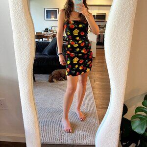 WoreWhat Ronnie Square Neck Ruched Mini Dress in Black and Fruit Print